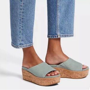 FitFlop Womens Eloise Cork-Wrap Suede Wedge Slide Cool Blue Size 10 NWOT